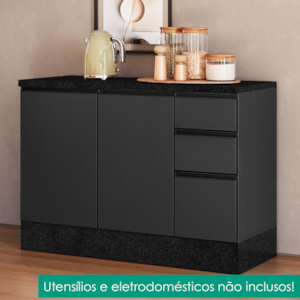 Balcao Com Tampo 120 cm 3 Portas 2 Gavetas Etna Grafite POLIMAN