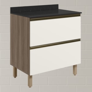 Balcao Com Tampo 2G 80cm MDF Kali 16412 Carvalho Toq Off White Cetim Nicioli
