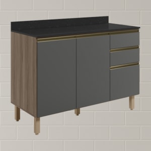 Balcao Com Tampo 2P 3G 120cm MDF Kali 16417 Carvalho Toq Chumbo Nicioli