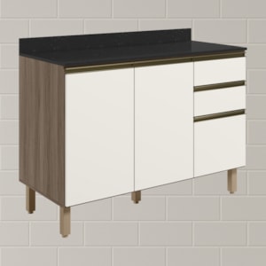 Balcao Com Tampo 2P 3G 120cm MDF Kali 16417 Carvalho Toq Off White Cetim Nicioli