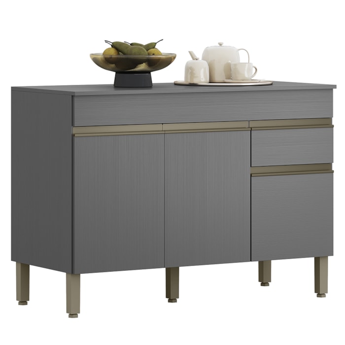 Balcao Com Tampo 3 Portas 1 Gaveta 120 cm Line Gris KTP