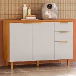 Balcao Com Tampo 3 Portas 2 Gavetas 120 cm MDF Bari Freijo Off Acetinado POLIMAN