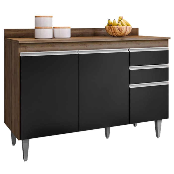 Balcao Com Tampo 3 Portas 2 Gavetas BP 120 cm Melissa Freijo Preto Eratto Moveis