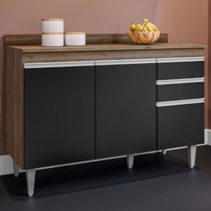 Balcao Com Tampo 3 Portas 2 Gavetas BP 120 cm Melissa Freijo Preto Eratto Moveis