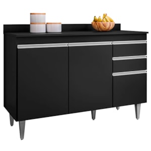 Balcao Com Tampo 3 Portas 2 Gavetas BP 120 cm Melissa Preto Eratto Moveis