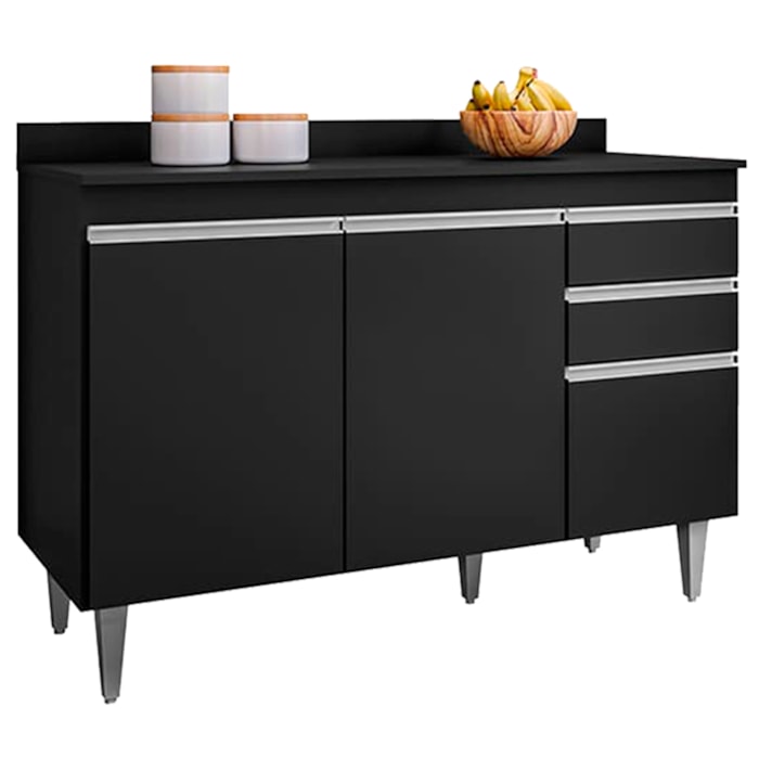 Balcao Com Tampo 3 Portas 2 Gavetas BP 120 cm Melissa Preto Eratto Moveis