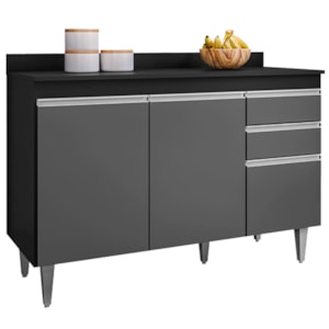 Balcao Com Tampo 3 Portas 2 Gavetas BP 120 cm Melissa Preto Grafite Eratto Moveis