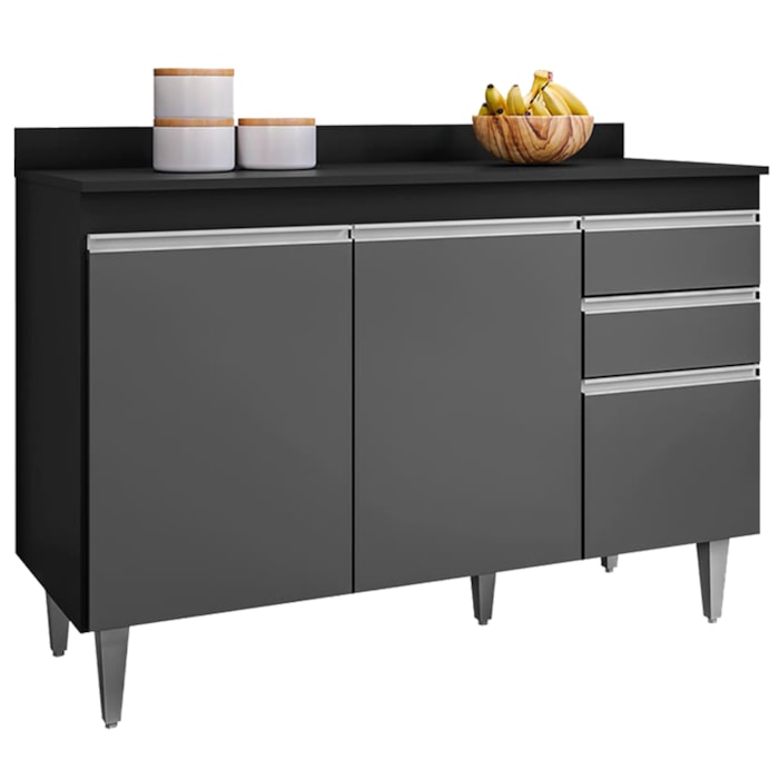 Balcao Com Tampo 3 Portas 2 Gavetas BP 120 cm Melissa Preto Grafite Eratto Moveis