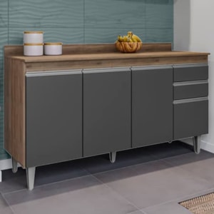 Balcao Com Tampo 4 Portas 2 Gavetas 150 cm Ayla Freijo Grafite Eratto Moveis