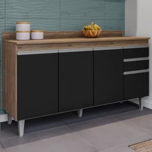 Balcao Com Tampo 4 Portas 2 Gavetas 150 cm Ayla Freijo Preto Eratto Moveis