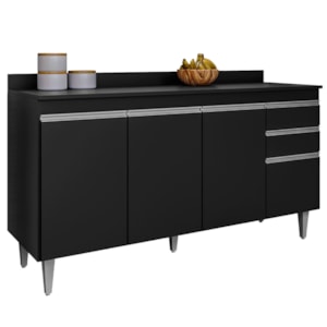 Balcao Com Tampo 4 Portas 2 Gavetas 150 cm Ayla Preto Eratto Moveis