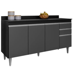 Balcao Com Tampo 4 Portas 2 Gavetas 150 cm Ayla Preto Grafite Eratto Moveis