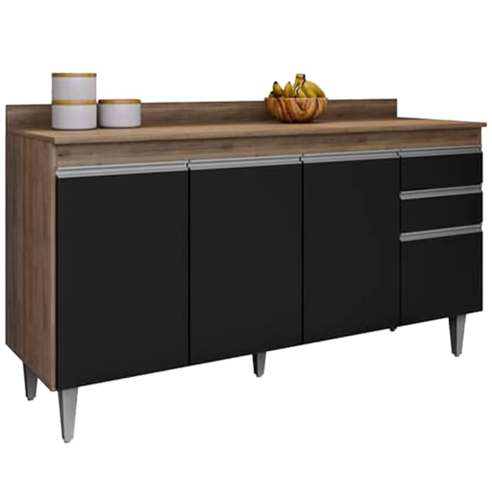 Balcao Com Tampo 4 Portas 2 Gavetas 150 cm BP Ayla Freijo Preto Eratto Moveis