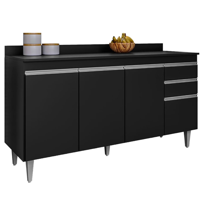 Balcao Com Tampo 4 Portas 2 Gavetas 150 cm BP Ayla Preto Eratto Moveis