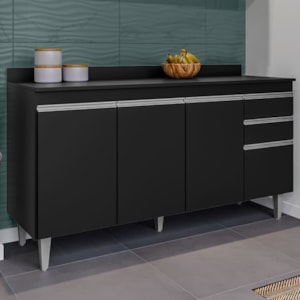 Balcao Com Tampo 4 Portas 2 Gavetas 150 cm BP Ayla Preto Eratto Moveis