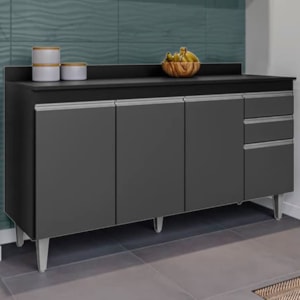 Balcao Com Tampo 4 Portas 2 Gavetas 150 cm BP Ayla Preto Grafite Eratto Moveis