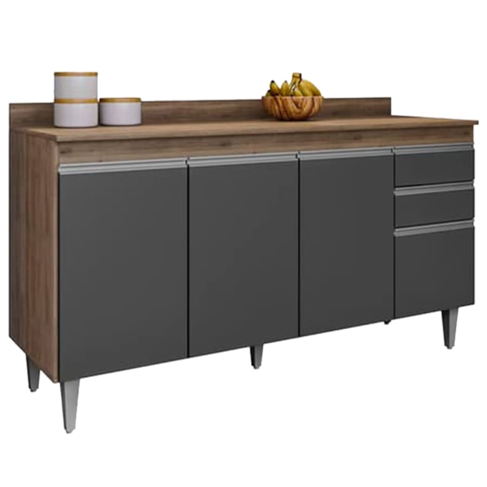 Balcao Com Tampo 4 Portas 2 Gavetas 160 cm BP Lorena Freijo Grafite Eratto Moveis