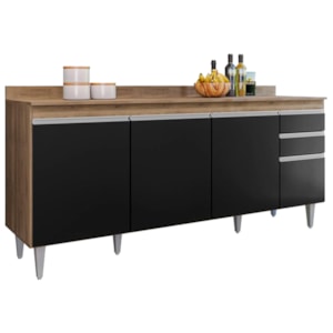 Balcao Com Tampo 4 Portas 2 Gavetas 180 cm BP Agatha Freijo Preto Eratto Moveis