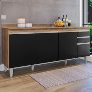 Balcao Com Tampo 4 Portas 2 Gavetas 180 cm BP Agatha Freijo Preto Eratto Moveis