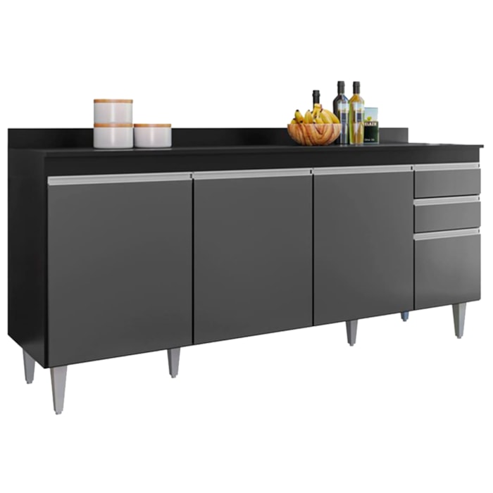 Balcao Com Tampo 4 Portas 2 Gavetas 180 cm BP Agatha Preto Grafite Eratto Moveis