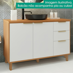 Balcao Com Tampo Banheiro 3 Portas 2 Gavetas 120 cm MDF Bari Freijo Off Acetinado POLIMAN