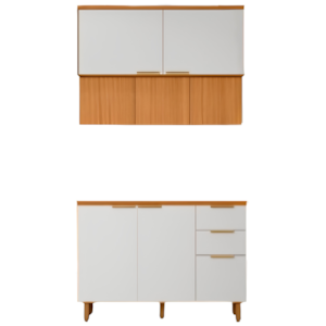 Balcao Com Tampo E Armario Aereo 120 cm MDF Bari Freijo Off Acetinado POLIMAN