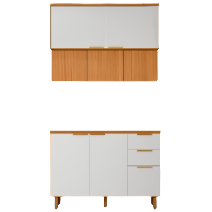 Balcao Com Tampo E Armario Aereo 120 cm MDF Bari Freijo Off Acetinado POLIMAN