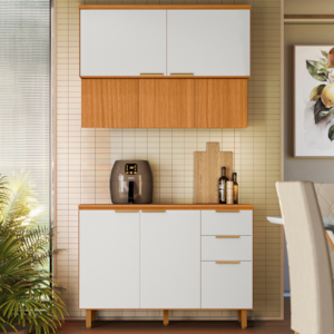 Balcao Com Tampo E Armario Aereo 120 cm MDF Bari Freijo Off Acetinado POLIMAN