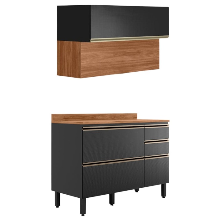 Balcao Com Tampo e Armario Aereo 120 cm Proenca Nogueira Carbono Prime Demartez