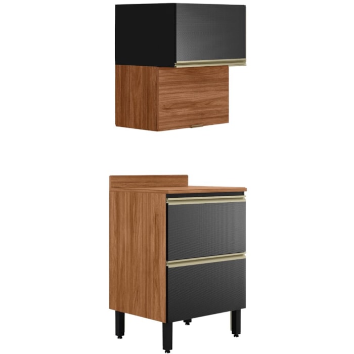Balcao Com Tampo e Armario Aereo 60 cm MDF Proenca Nogueira Carbono Prime Demartez