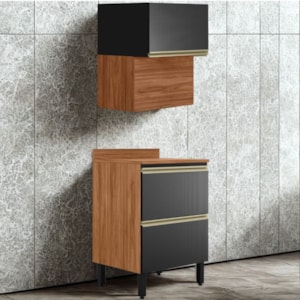 Balcao Com Tampo e Armario Aereo 60 cm MDF Proenca Nogueira Carbono Prime Demartez