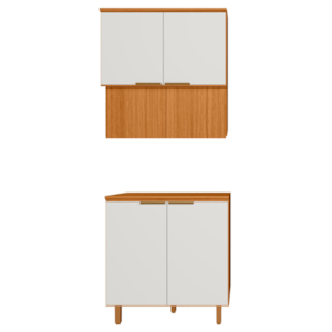 Balcao Com Tampo E Armario Aereo 80 cm MDF Bari Freijo Off Acetinado POLIMAN