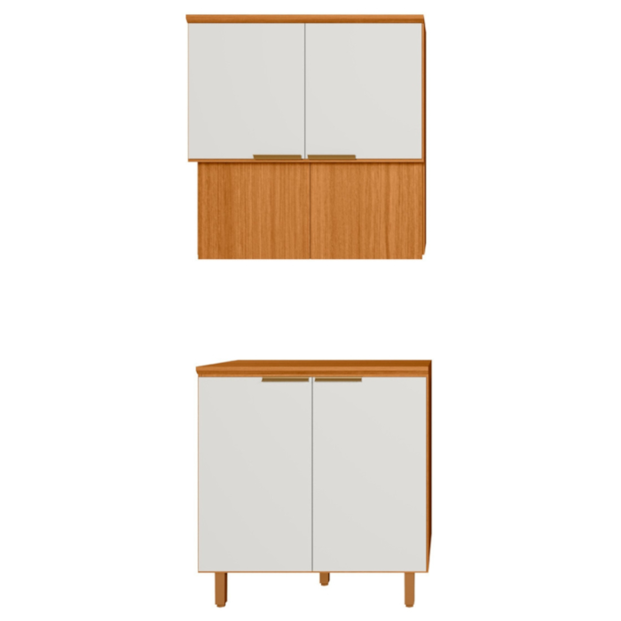 Balcao Com Tampo E Armario Aereo 80 cm MDF Bari Freijo Off Acetinado POLIMAN
