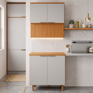Balcao Com Tampo E Armario Aereo 80 cm MDF Bari Freijo Off Acetinado POLIMAN