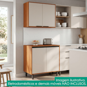Balcao Com Tampo E Armario Aereo 80 cm Ravena Freijo Off Acetinado POLIMAN