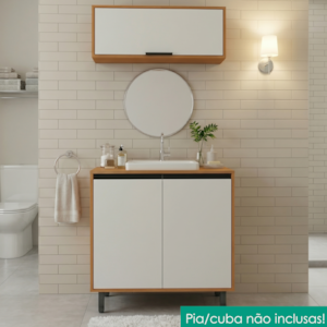 Balcao Com Tampo E Armario Aereo Basculante 80 cm Ravena Freijo Off Acetinado POLIMAN