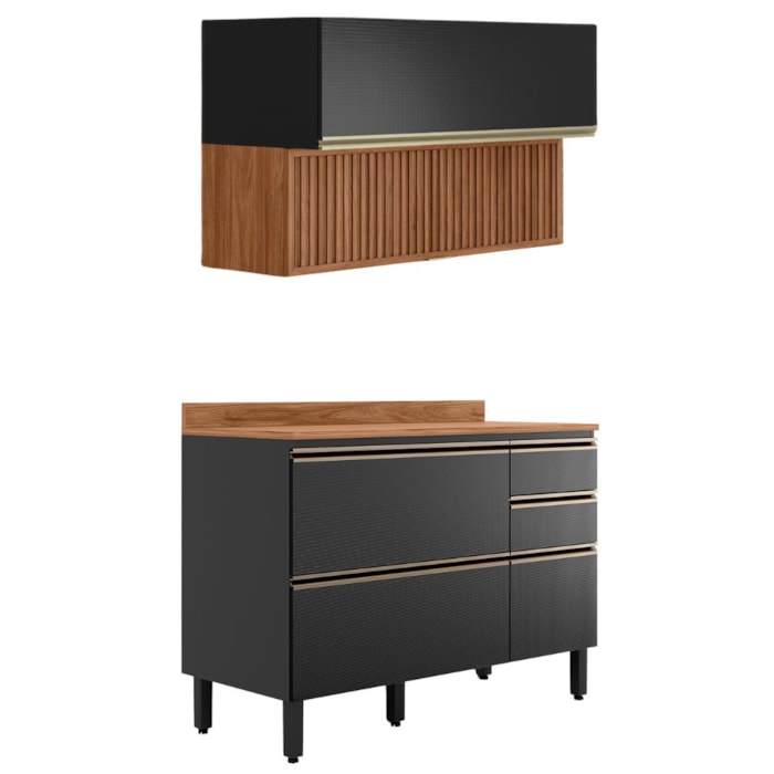 Balcao Com Tampo e Armario Aereo Ripado 120 cm Proenca Nogueira Carbono Prime Demartez