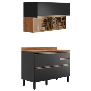 Balcao Com Tampo e Armario Aereo Vidro 120 cm Proenca Nogueira Carbono Prime Demartez