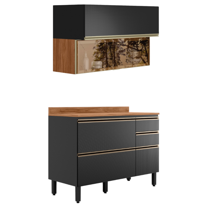 Balcao Com Tampo e Armario Aereo Vidro 120 cm Proenca Nogueira Carbono Prime Demartez