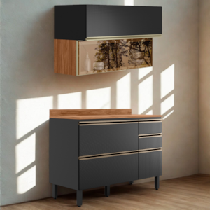 Balcao Com Tampo e Armario Aereo Vidro 120 cm Proenca Nogueira Carbono Prime Demartez