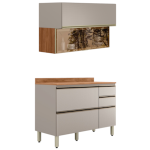 Balcao Com Tampo e Armario Aereo Vidro 120 cm Proenca Nogueira Nude Prime Demartez