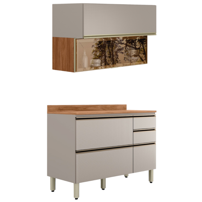 Balcao Com Tampo e Armario Aereo Vidro 120 cm Proenca Nogueira Nude Prime Demartez