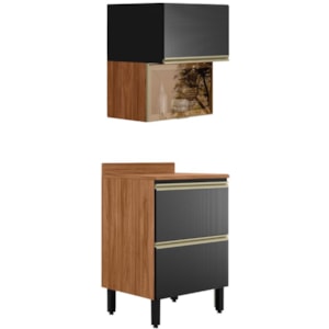 Balcao Com Tampo e Armario Aereo Vidro 60 cm MDF Proenca Nogueira Carbono Prime Demartez
