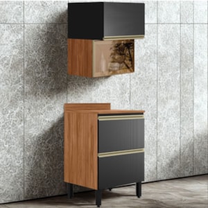 Balcao Com Tampo e Armario Aereo Vidro 60 cm MDF Proenca Nogueira Carbono Prime Demartez