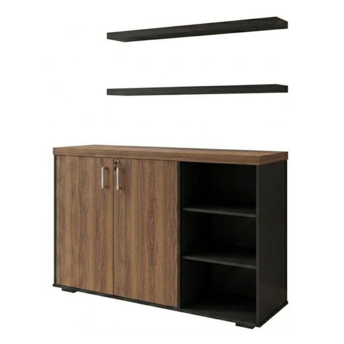 Balcao Escritorio Cafe 136 cm E 2 Prateleiras Suspensas 90 cm Nogal Preto Artany