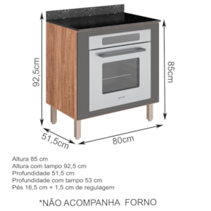 Balcao Para Forno Embutido 80CM MDF Kali Premium 12226x21 Carvalho Rust Chumbo Nicioli