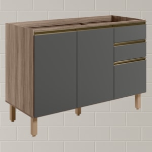 Balcao Para Pia 2P 3G 120cm MDF Kali 16417 Carvalho Toq Chumbo Nicioli