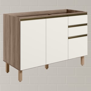 Balcao Para Pia 2P 3G 120cm MDF Kali 16417 Carvalho Toq Off White Cetim Nicioli
