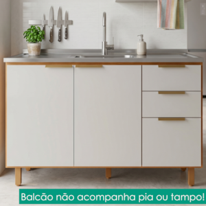 Balcao Para Pia 3 Portas 2 Gavetas 120 cm MDF Bari Freijo Off Acetinado POLIMAN
