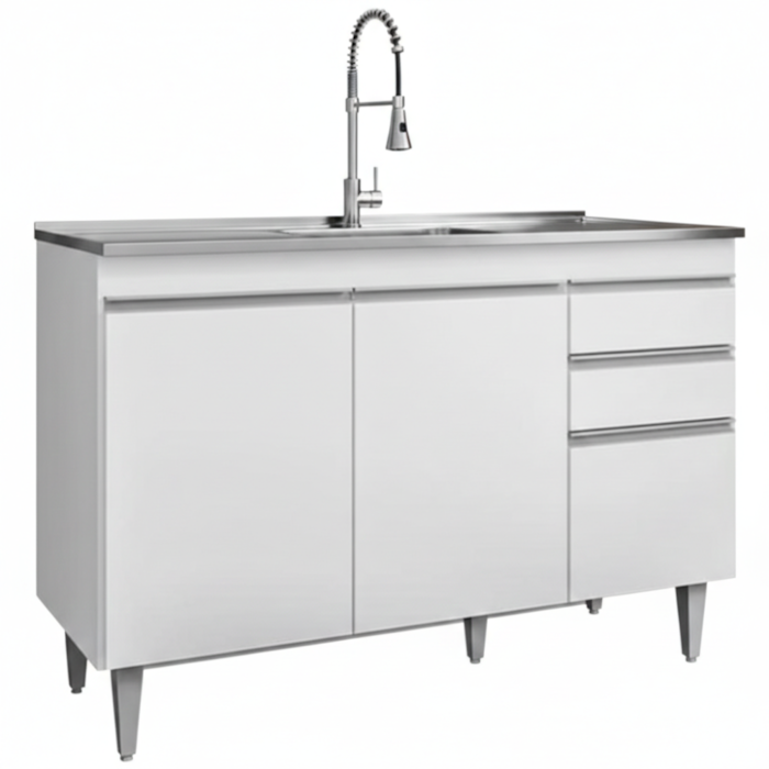 Balcao Para Pia 3 Portas 2 Gavetas 120 cm Melissa Branco Eratto Moveis